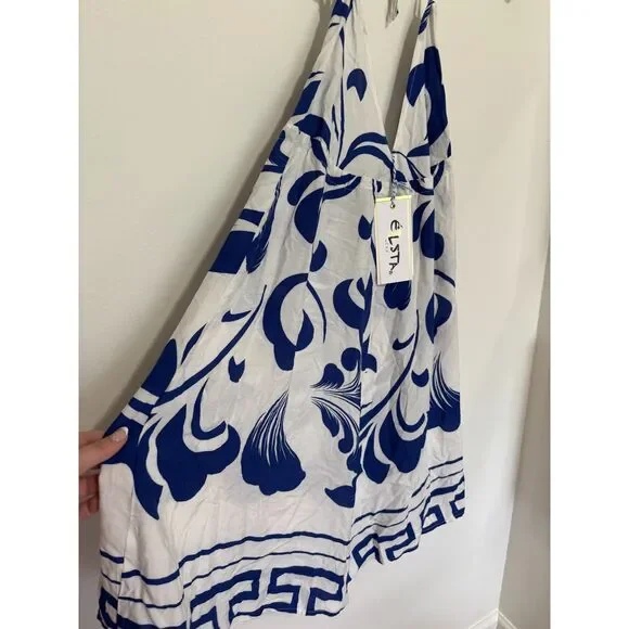 Vintage NWT Blue White Greek Key Sundress Rayon Strappy Midi Dress Small Resort - Picture 4 of 8